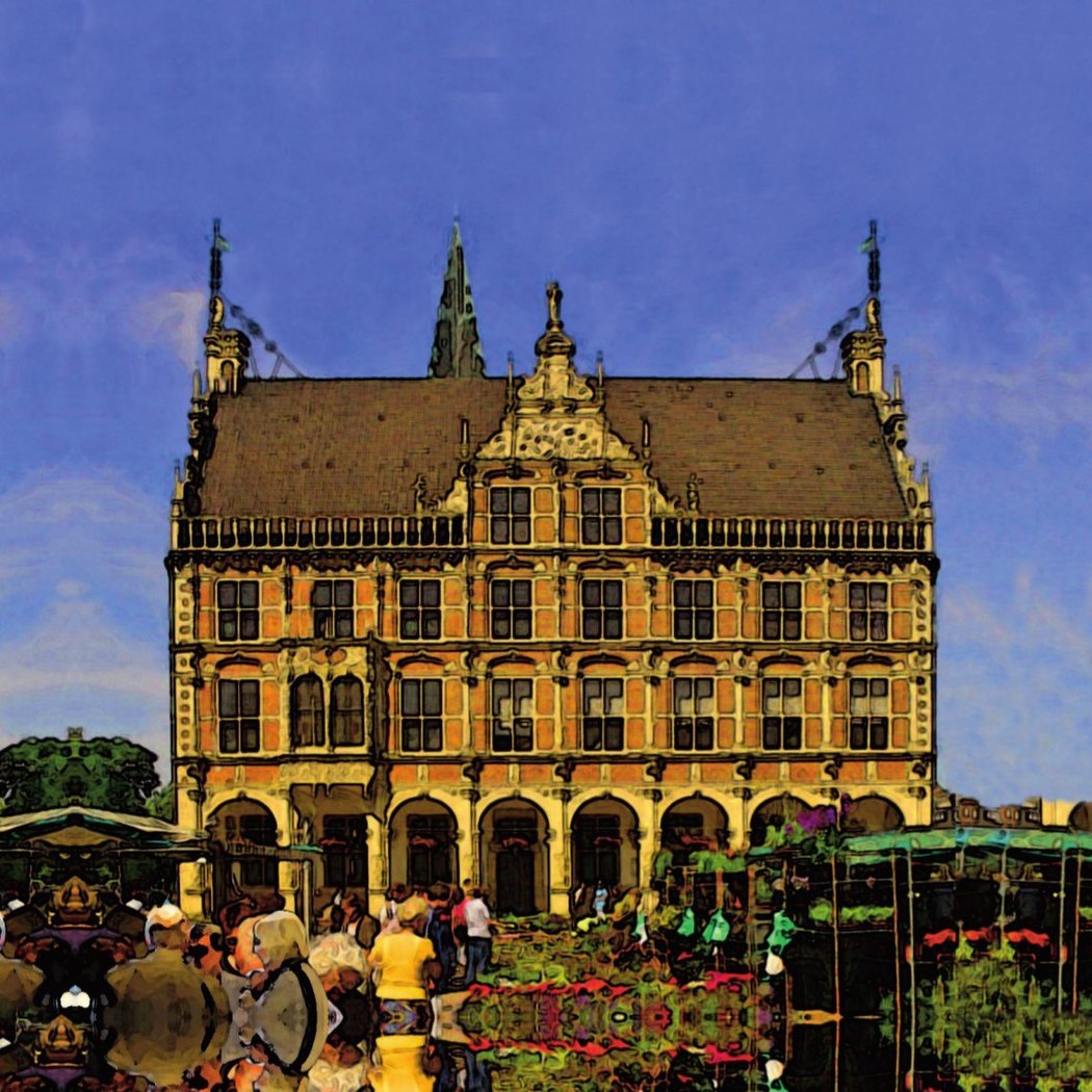 Historisches Rathaus Bocholt mit Marktszene - gelb/blau